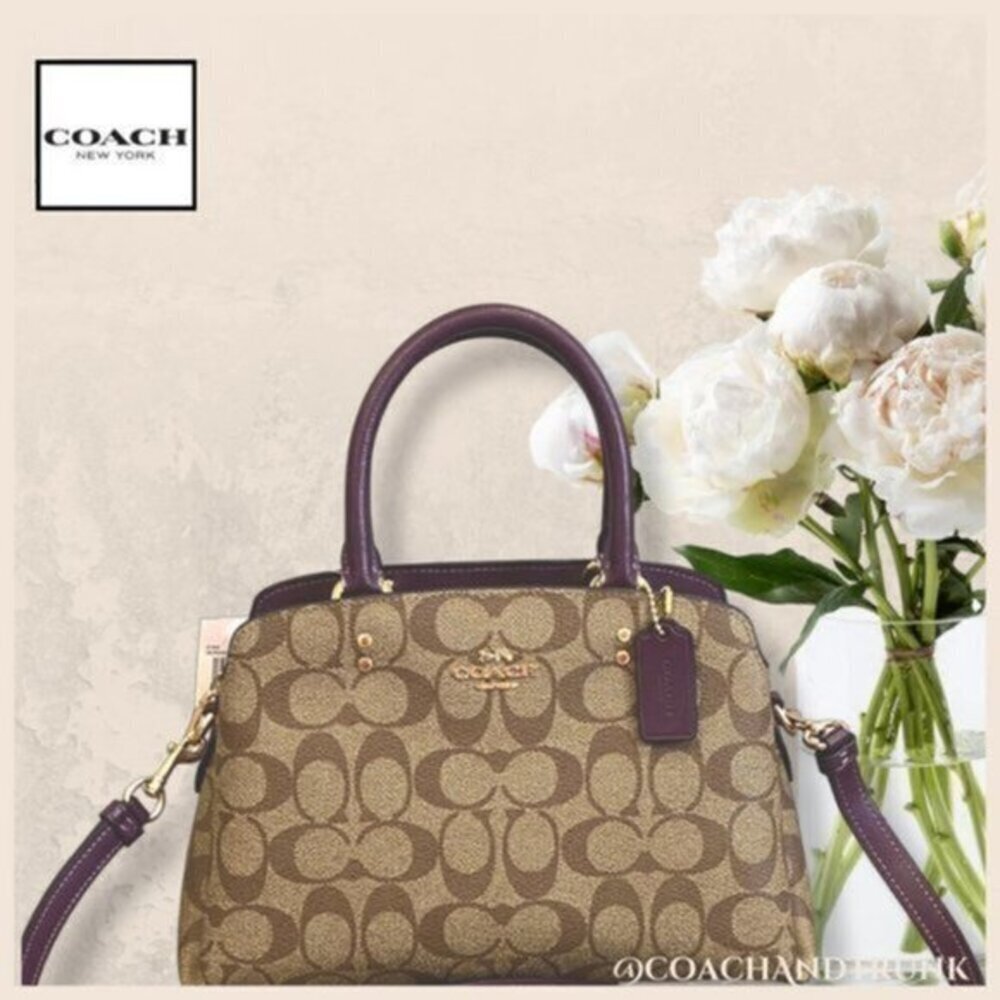 COACH Boysenberry Khaki Mini Lillie Carryall‎ Gold Accents Feet NWT